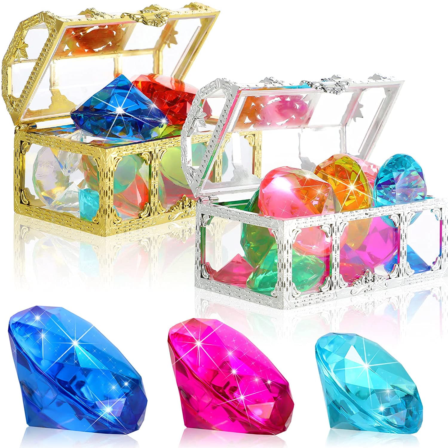 40 Pieces Diving Diamonds Set Diving Gems Pool Toys Colorful Summer Swimming Pool Diamonds Acrylic Gemstones Boy Girl Toys with 2 Pieces Treasure Pirate Boxes Gold Sliver Chests Underwater Party Toy 