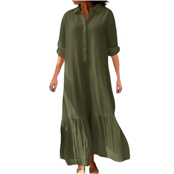 Drses Women's Button Down Dress Casual Cotton Linen Long Sleeve Flowy Plus Size Ruffle Maxi Dresses V Neck Shirt Dress Women's Casual Cotton Linen Maxi Dress