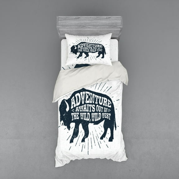 Ambesonne Adventure Bedding Set 3 Pcs, Tribal Words Trees, Twin, Petrol Blue White