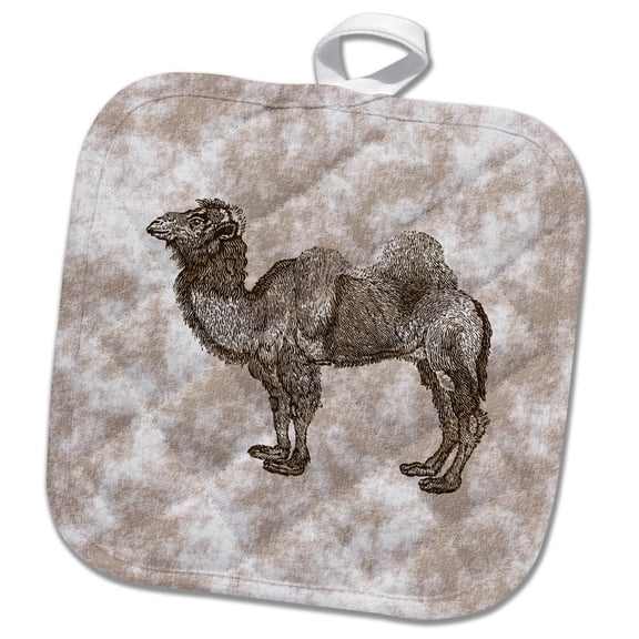 3dRose, Camel- Vintage Engraving of Camel in Brown on Patterned Background, 8x8 Potholder