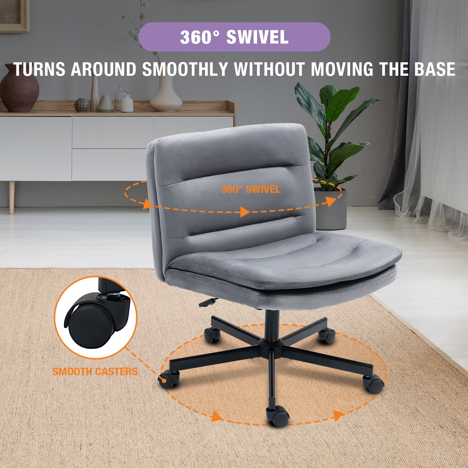 Criss Cross Legged Chair Ergonomic Home Office Desks Chair with Casters, Armless Wide Comfy Vanity Desk Seat Swivel Rolling Computer Chair, Adjustable Height, Rocking Function, Gray