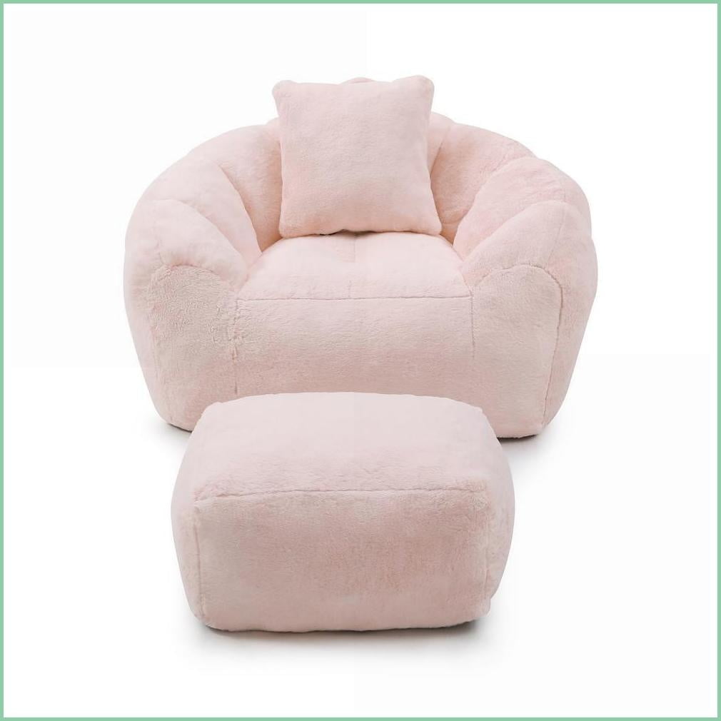 Oversized Faux Fur Bean Bag Chair with Footstool – Lazy Sofa for Adults & Kids | Faux Fur | Curved
