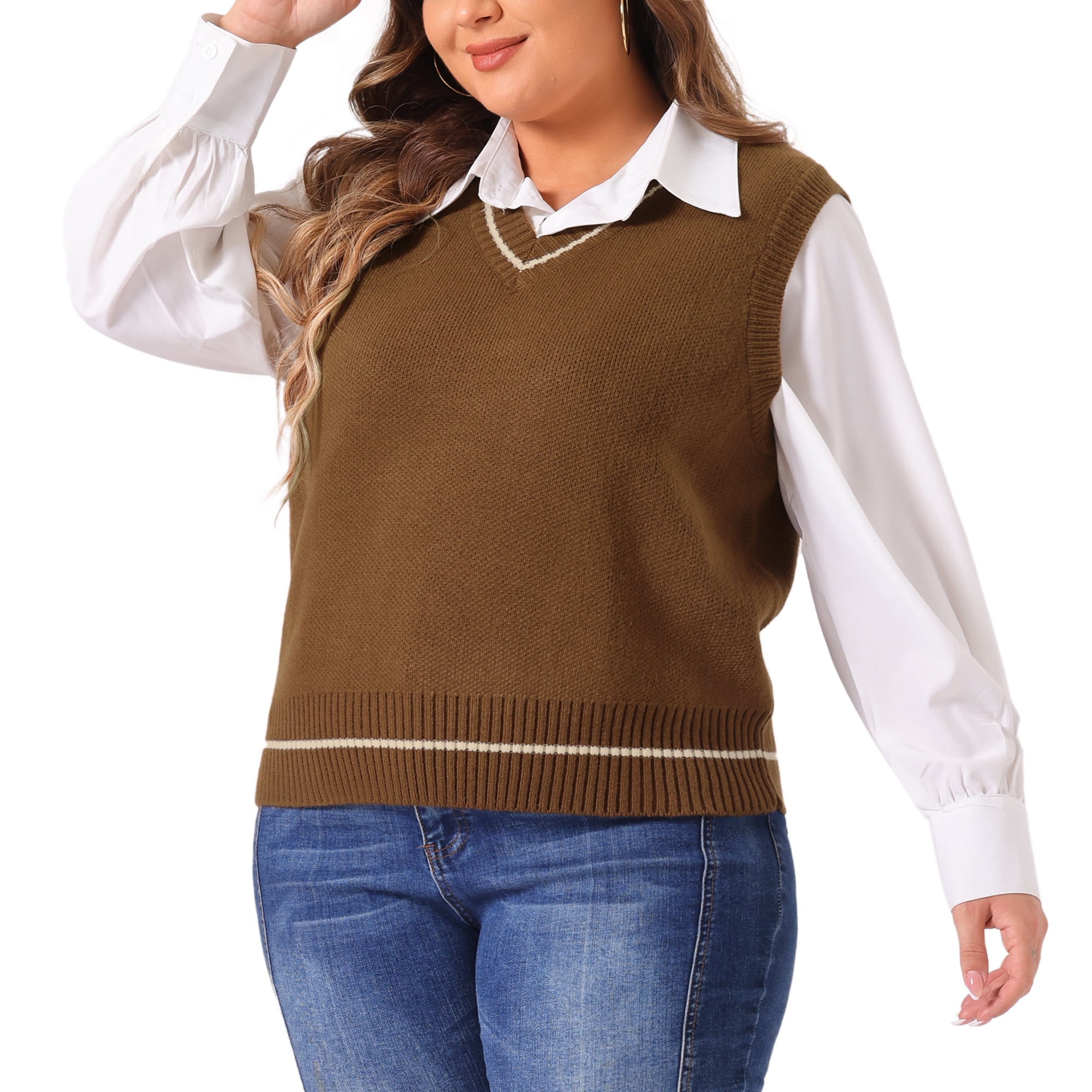 DARING DIVA Women's Plus V Neck Stripe Cable Knit Pullover Sweater Vest 4X Brown