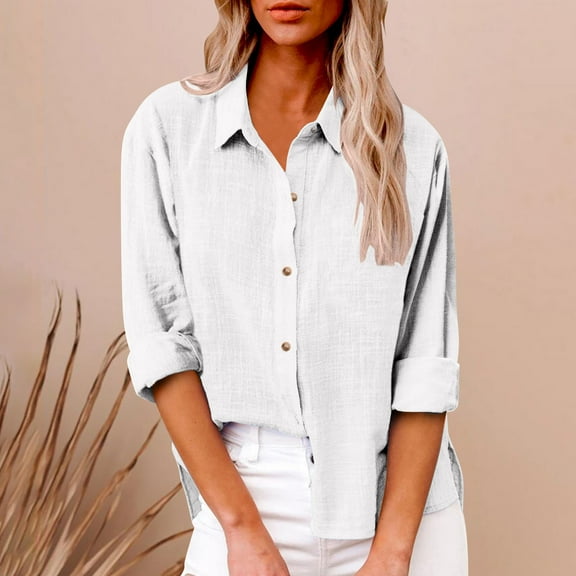 Royisotas Long Sleeve Women's Plus Size Tops Casual Tunic Fall and Winter Cotton Linen Women Button Down Shirt Solid White Collared Button up Shirts
