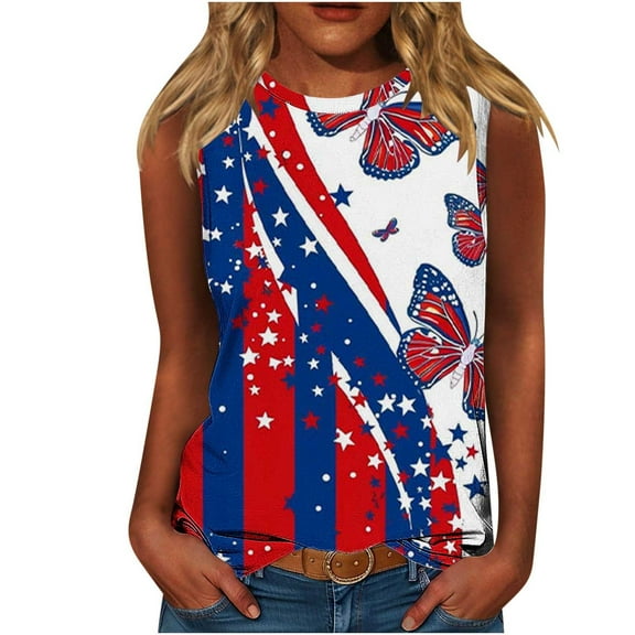 Womens Patriotic Tank Tops for 4th of July Independence Day Outfits Fashion 2025 Red White and Blue Shirts Dressy Casual Butterfly American Flag Graphic Camisoles Round Neck Sleeveless Cami Tees