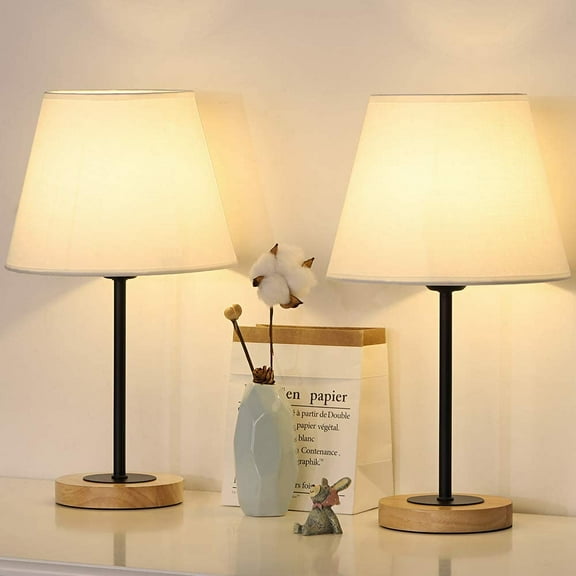 Haitral Modern 15.4" 2-Lights Bedside Lamp Sets with Cylinder Fabric Shade, Black, 2-Pieces