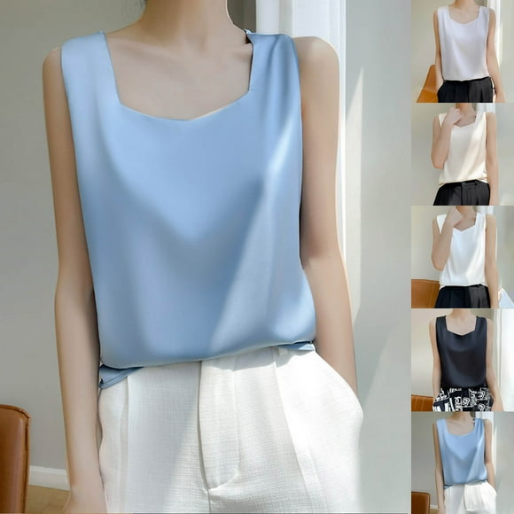 Summer Savings Clearance!yoeyez Silk Camisole Tops for Women,Silk Satin Tank Tops for Women Women's Solid Color Sleeveless Tee Fashion Summer Basic Blouse Gray,L