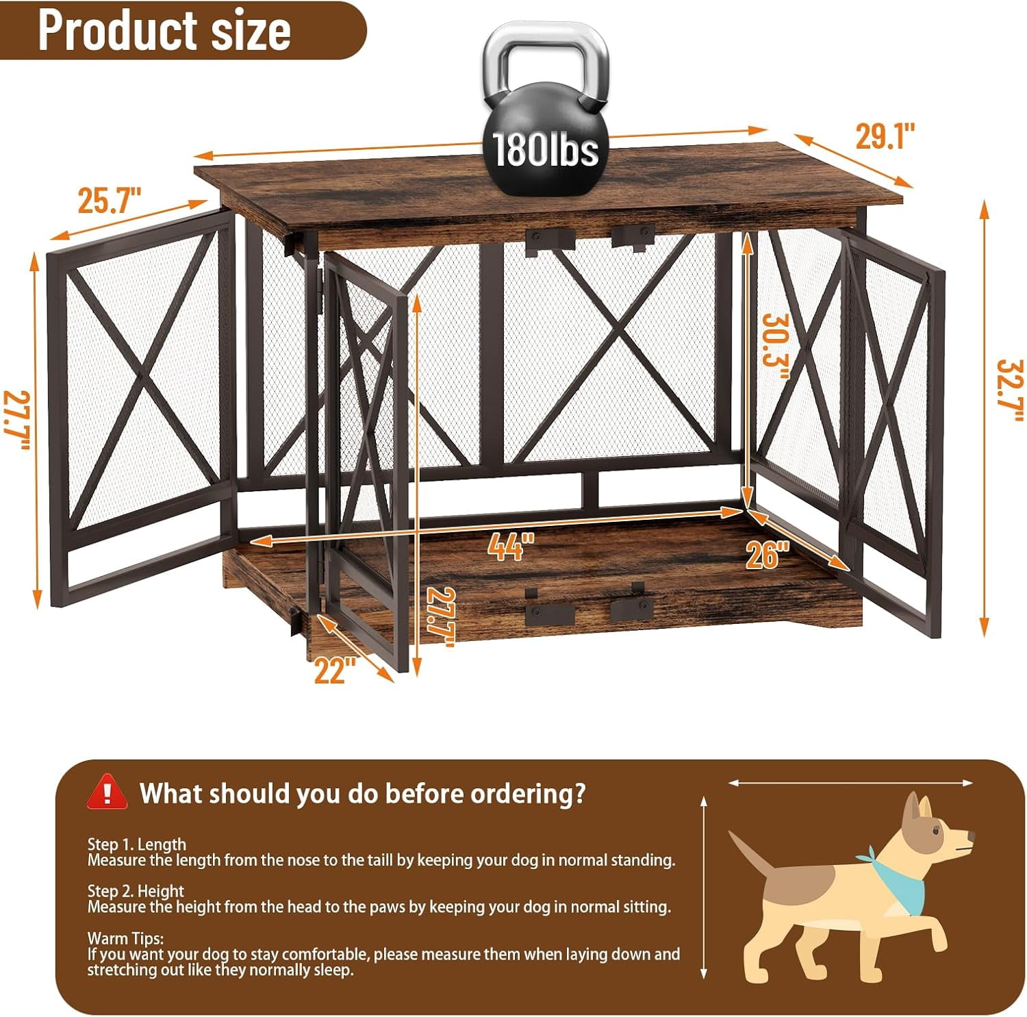COZPAW 48 Inch Heavy Duty Dog Crate Furniture, Double Door Wooden Dog Kennel End Table for Large Dogs, Brown