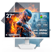 CRUA 27” Gaming Monitor, UHD (3840x2160) Dual Mode (4K 160Hz or FHD 320Hz), 120% sRGB, Support FreeSync, Built-in Speakers, Height adjustable, RGB Lighting, HDMI & DP, Wall Mount Install-White