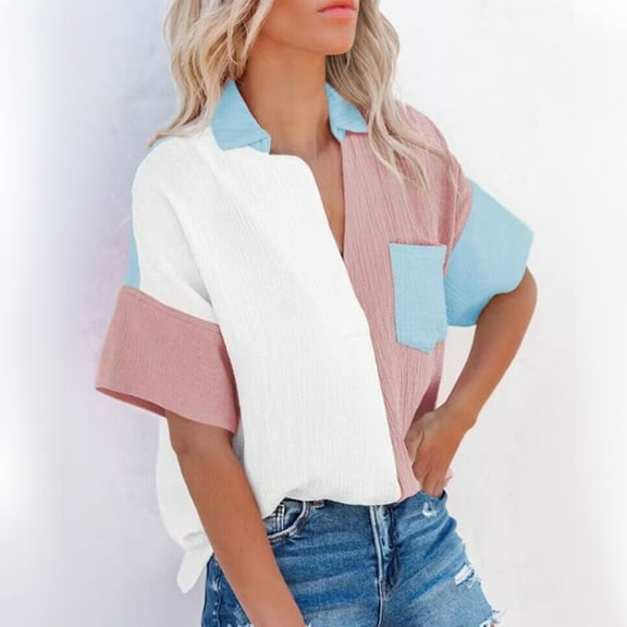 Aloohaidyvio Tops Plus Size,Fashion Women Causal Button Patchwork Blouse Short Sleeve T-Shirt Summer Tops