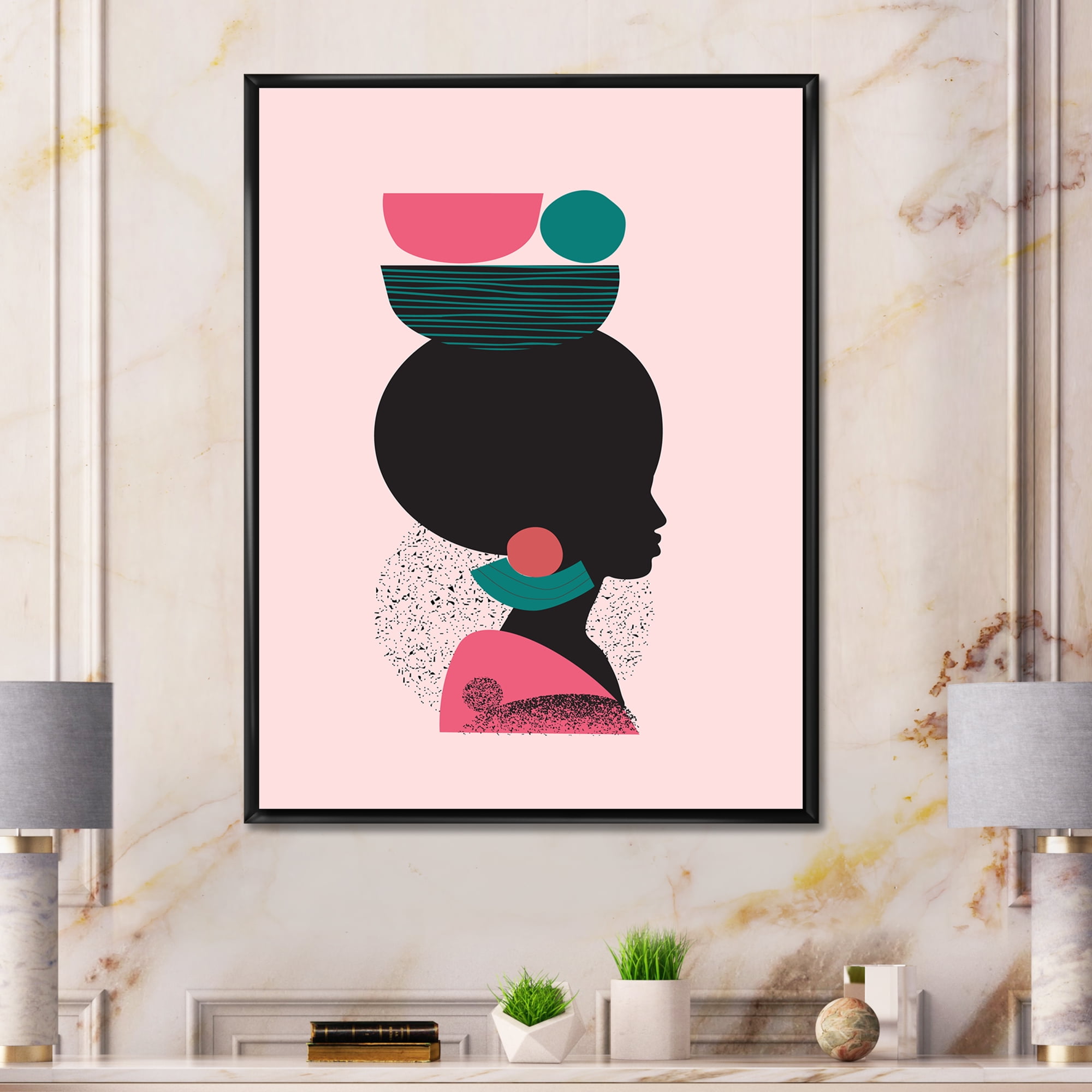Designart 'Ethnic Geometric Silhouette of African American II' Modern Framed Canvas Wall Art Print