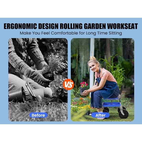 WETLA Gardening Rolling Seat, Height Adjustable Rolling Garden Cart, 360 Degree Swivel Gardening Stool with Tool Tray, Rolling Work Seat for Gardeners Elderly Seniors