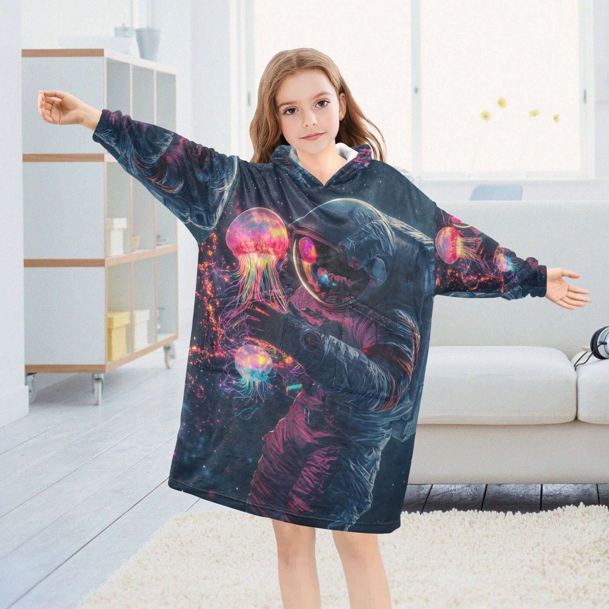 FORMRS Wearable Blanket Hoodie with Sleeves for Kids Cozy Flannel Sweatshirt, Glowing Jellyfish