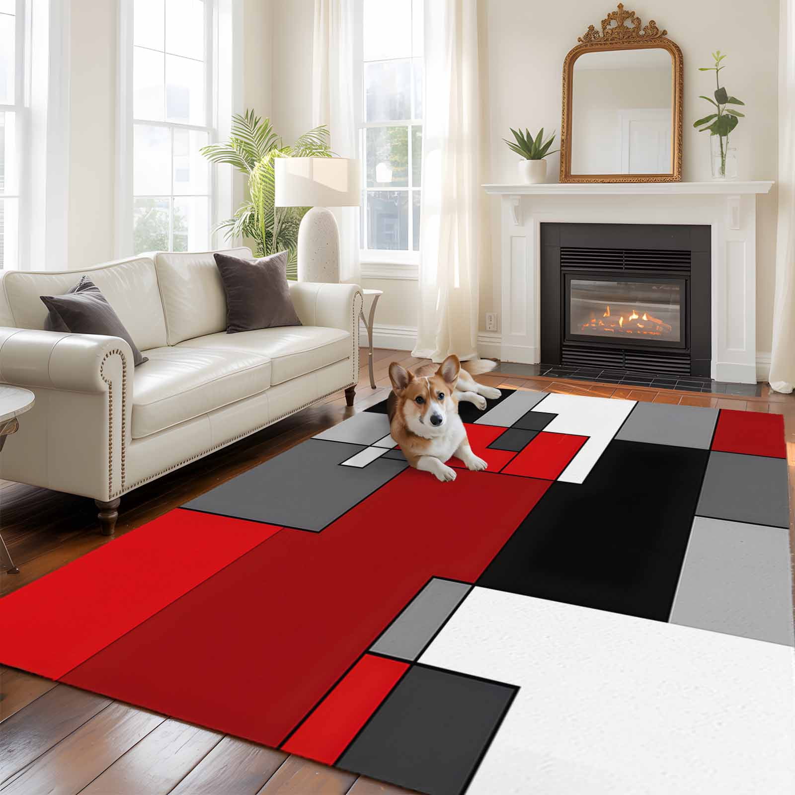 8'x10' Area Rugs, Red Black Grey Indoor Outdoor Area Rug for Living Room Bedroom, Geometric Abstract Modern Irregular Washable Bathroom Rugs Kitchen Floor Carpet Mats Home Decor Aesthetic