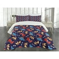 thumbnail image 3 of Ambesonne Dinosaur Quilted Bedspread Set 3 Pcs, Dino Funny Expressions, Queen Size, Navy Blue Orange Red, 3 of 5