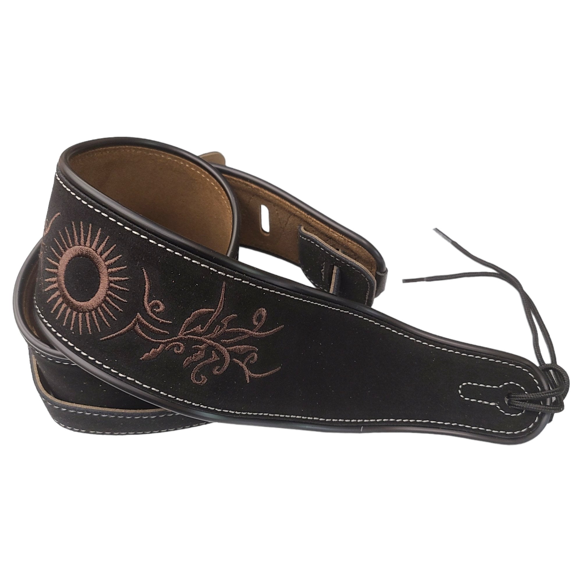 Leather Strap Acoustic Electric Guitar Bass Black Brown Notes Wide Thick Padded Black Suede Tribal Sun