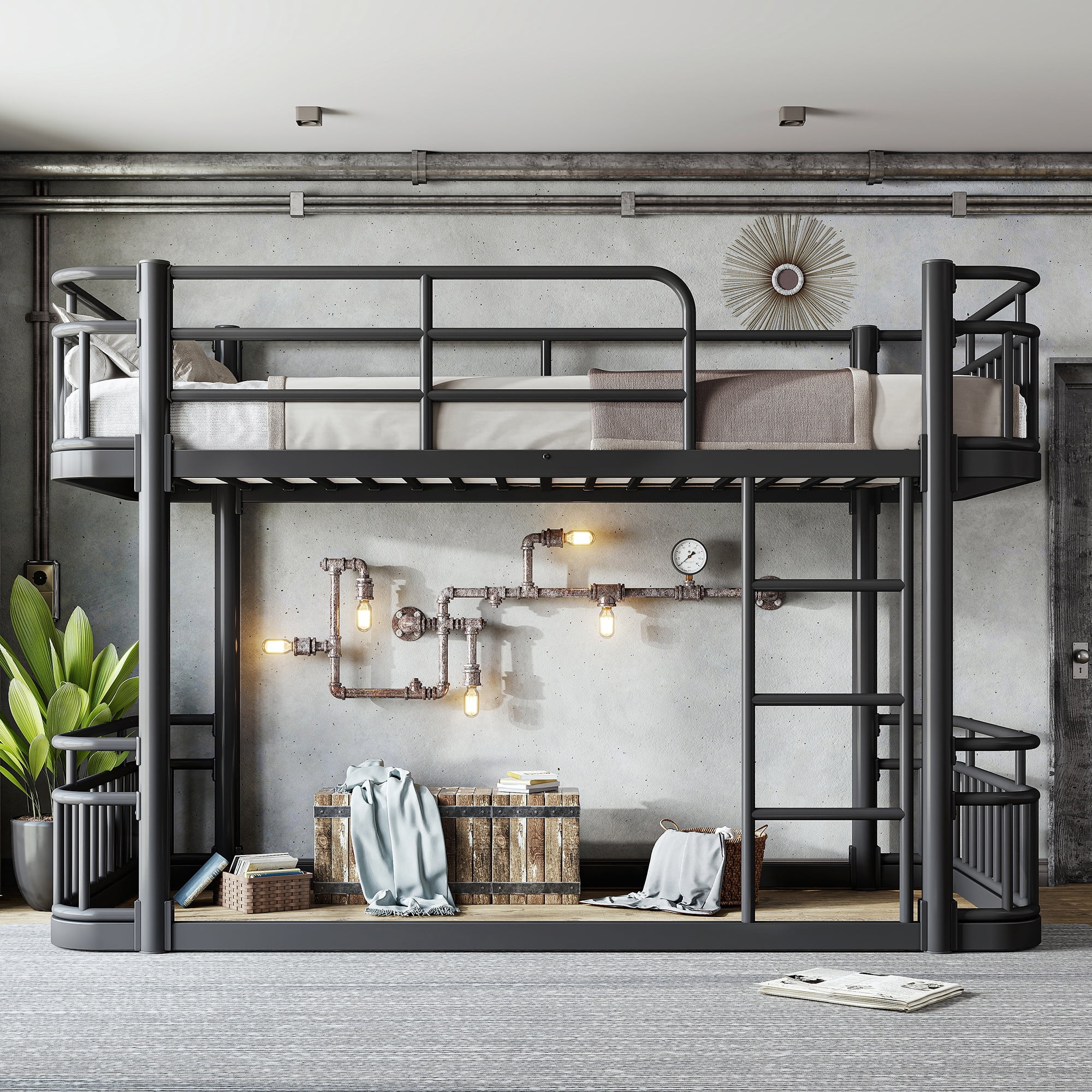 Leumius Twin XL over Twin XL Bunk Bed Frame with Ladders & Guardrails, Upgraded Round-Pipe Metal Frame, Stylish & Versatile for Any Room,Black
