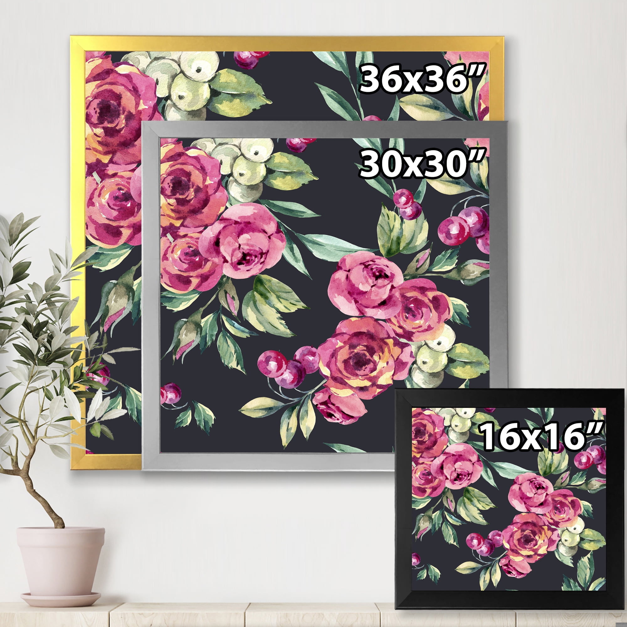 Designart 'Red VIntage Roses and Berries On Black Background' Farmhouse Framed Art Print