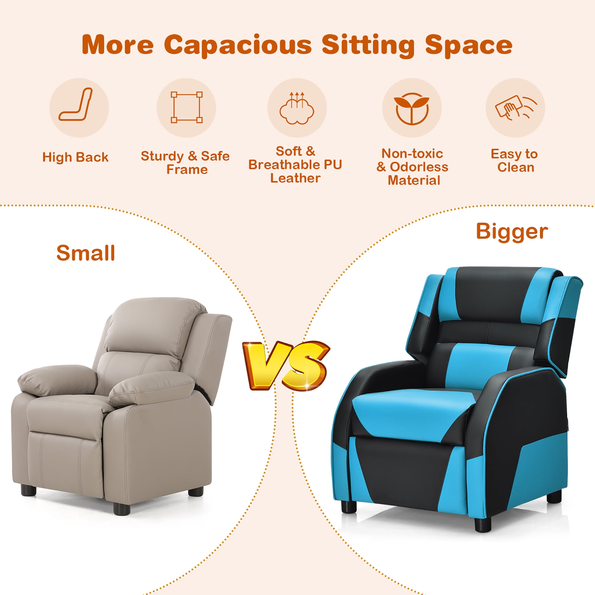 Costway Kids Youth Gaming Sofa Recliner w/Headrest & Footrest PU Leather Blue