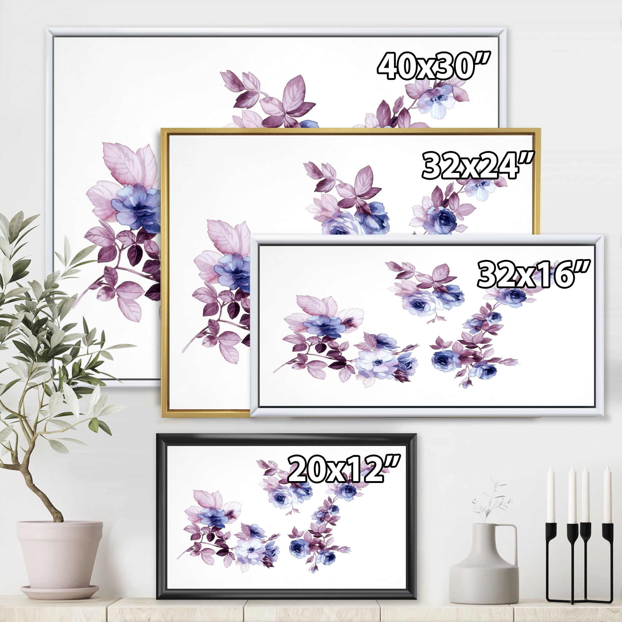 Designart 'Purple Wildflowers On White I' Traditional Framed Canvas Wall Art Print