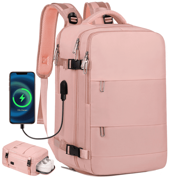 DAKOMM Travel Backpack for Women Men, Carry On Backpack with USB Charging Port & Shoe Pouch, TSA 17.7 inch Laptop Backpack Flight Approved, Nurse Bag Daypack for Weekender Business Trip Hiking, Pink