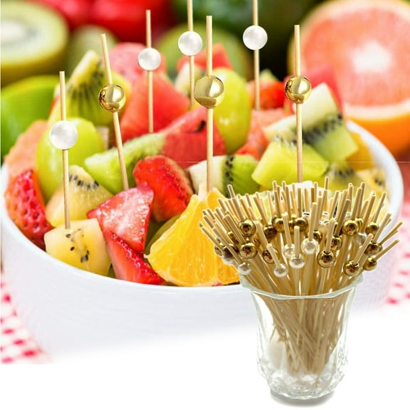 Cheers.US Silver/Golden Pearl Bamboo Cocktail Picks 4.7 Inch Long Fancy Toothpicks for Appetizers Drinks Fruits Party Food Garnish Skewer Sticks 100 Counts