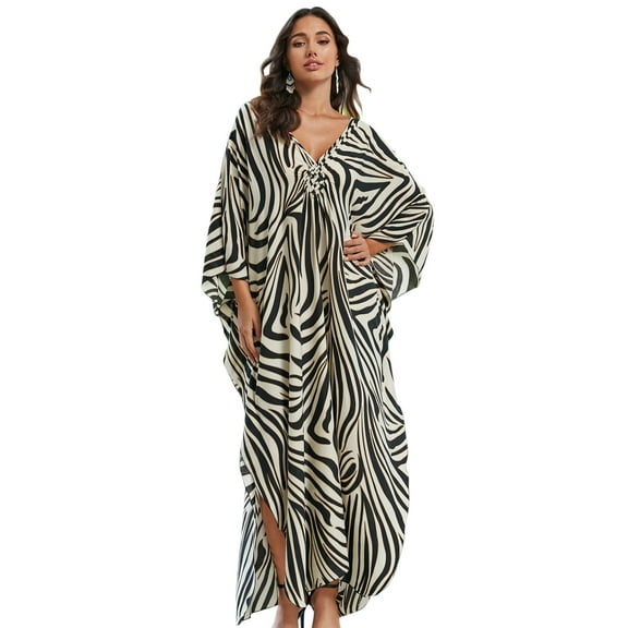 Edolynsa Womens Printed Kaftan Dresses Long Caftan Loungewear Plus Size Swimsuit Cover up Loose Fit Beachwear Summer Outfit