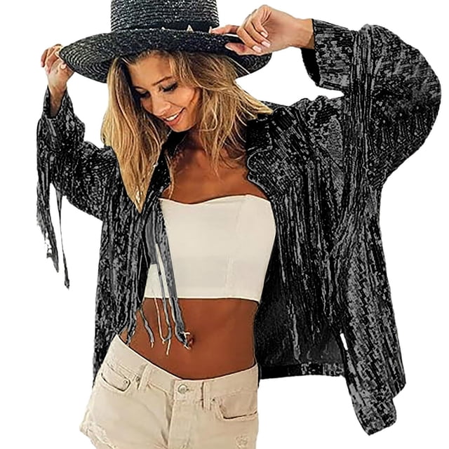 Tops de Manga Larga de las Mujeres Casual Color Sólido Suelto Lentejuelas Fringe Top Blazer para el Ocio Diario