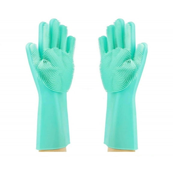 Reusable Silicone Cleaning Gloves with Brush Scrubbers for Kitchen, Bathroom, Car and Pet Hair Care (Green)