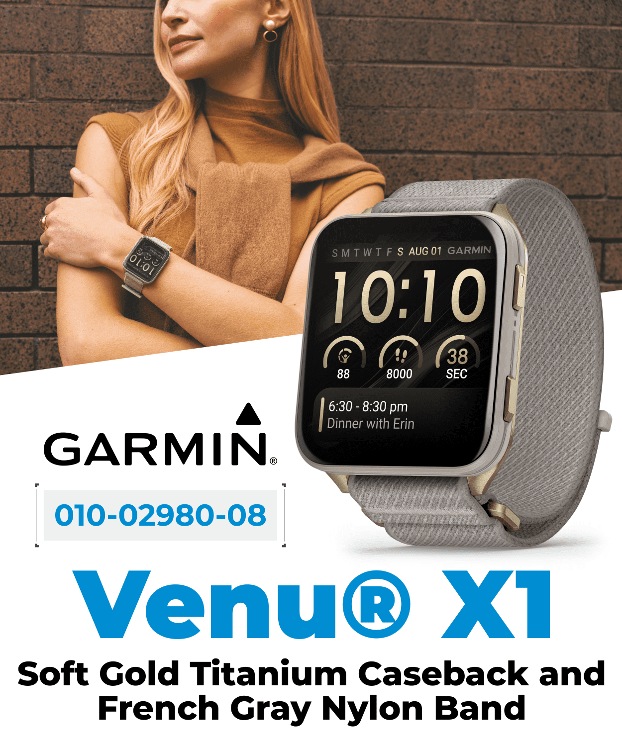 Garmin Venu X1 Thin and Lightweight GPS Smartwatch, AMOLED Display, Soft Gold with Titanium Caseback & French Gray Nylon Band with Wearable4U White EarBuds Bundle