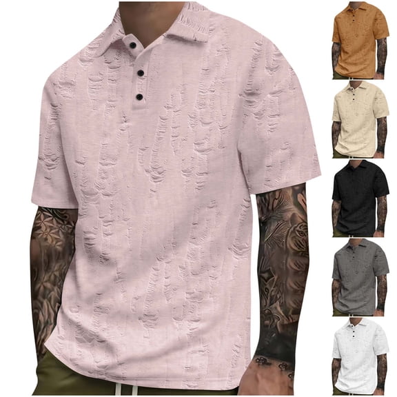 Bixock Casual Tops for Men,Short Sleeve Shirts for Men,Shirts for Men Summer Short Sleeve Collar Solid Color Distressed Button Casual Daily Fashion Tops
