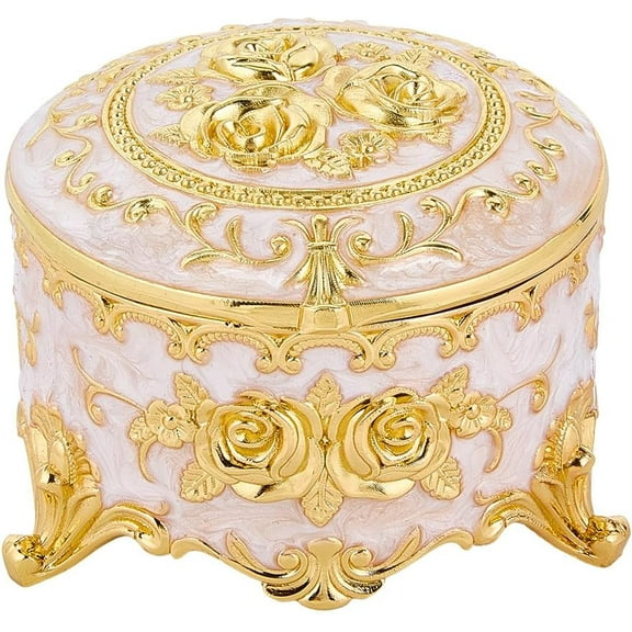 3.2 x 3 x 2In Vintage Jewelry Holder Retro Jewelry Box Gold Round Column Alloy Engraved Rose Flower Treasure Chest Enamel Trinket Metal Keepsake Box for Rings Earring Small Crafts Storage