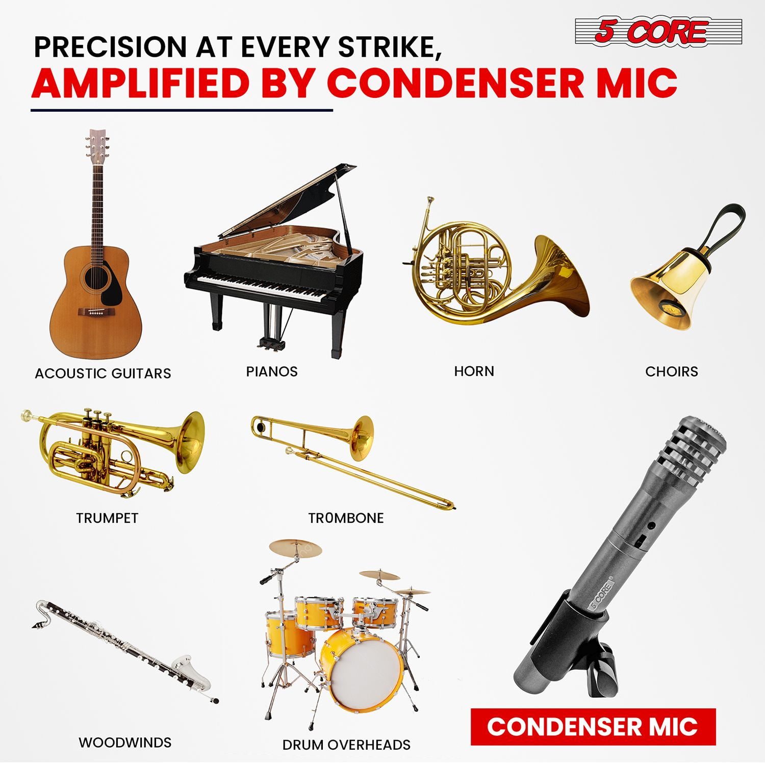 Professional Instrument Microphone Pencil Mic Condenser Cardioid Unidirectional Stick Microfono with Windscreen Mic Clip & Case ,GREY