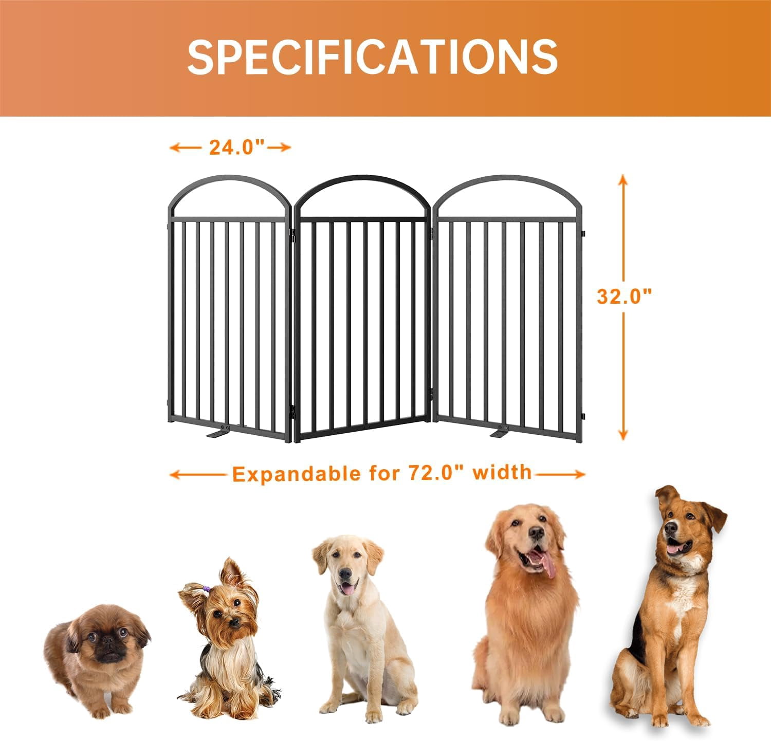 4 Panels Full Matel Freestanding Dog Gates with Door, 96"Extra Wide 32"Tall Free Standing Dog Pet Gate for Indoor & Outdoor. Foldable Pet Fences for Doorways, House, Stairs, Porch, Deck, Yard