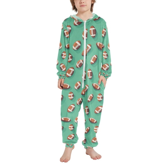 FORMRS Kids One-Piece Pajamas Hooded Long Sleeve Union Suit Soft Onesie Sleepwear, Sizes 4T-14Y, Green American Footballs