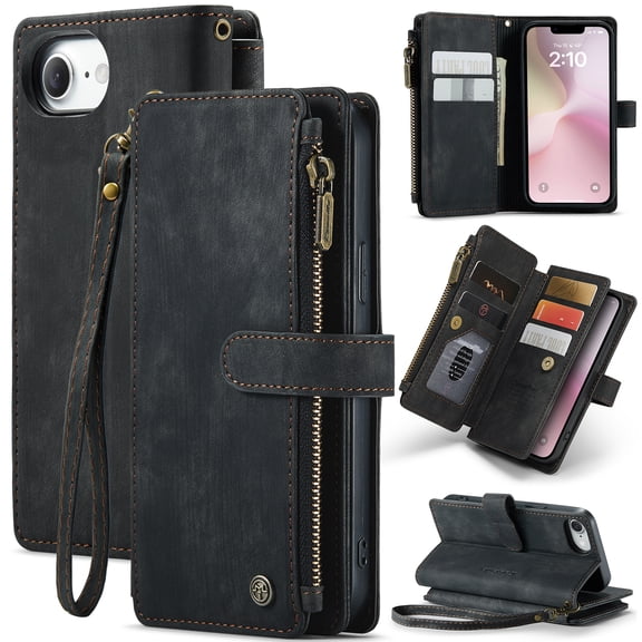 for iPhone 17 E Wallet Case with 10 Card Slots, Zipper Pocket and Magnetic Flip Folio, RFID Blocking Card Holder Stand Leather Detachable Wristlet Strap 3-in-1 Case for Women and Men,Black