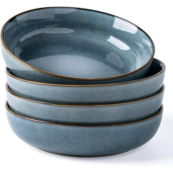 9'' Large Ceramic Pasta Bowls, 38oz Stoneware Pasta Serving Bowls Set of 4 for Kitchen, Wide Bowls for Fruit,Pasta,Salad,Oatmeal,Meal, Microwave Safe, Reactive Glaze-Space Blue