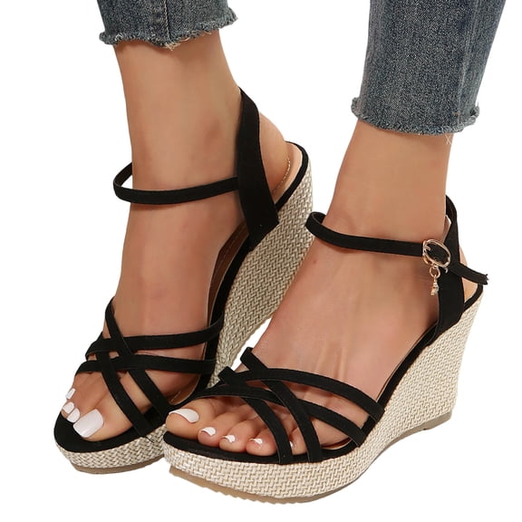 Wedge Sandals for Women Comfortable Platform Strappy Sandal Braided Espadrilles Ankle Strap Open Toe Dress Shoes Black Size 8