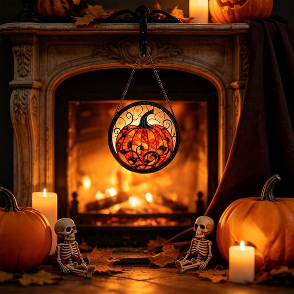 Halloween Acrylic Suncatcher, 7.87in Stained Glass Style , Round Hanging Ornament with Pumpkin Ghost Bat for Window Door Decor