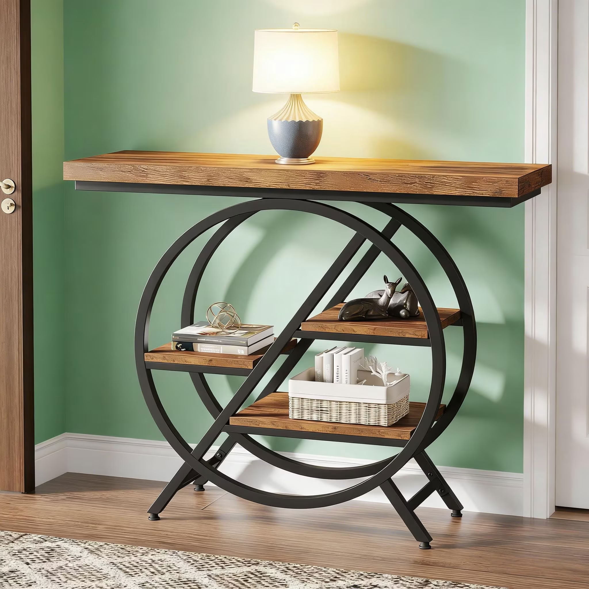 MAYEERTY 39.37" Industrial Console Table with Metal Frame, Rustic Wood Narrow Entryway Table with 3-Tier Shelves, for Living Room, Hallway, Foyer