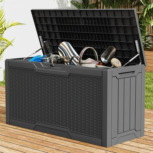 DEXTRUS Coffre de Terrasse Extérieur en Résine de 80 Gallons, Rangement pour Meubles de Patio Étanche et Verrouillable, Gris Foncé