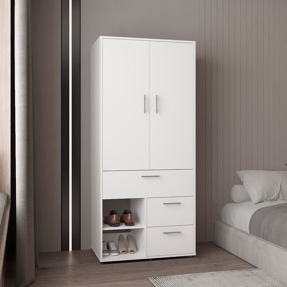 Alpine Armoire With Double Doors, Hanging Rod And Interior Shelves, Freestanding Modern Wardrobe Closet