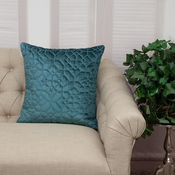 Nassau Collection Tuffed Velvet Quilt Geometric Stitched Square Throw Pillow - 20" - Teal Blue