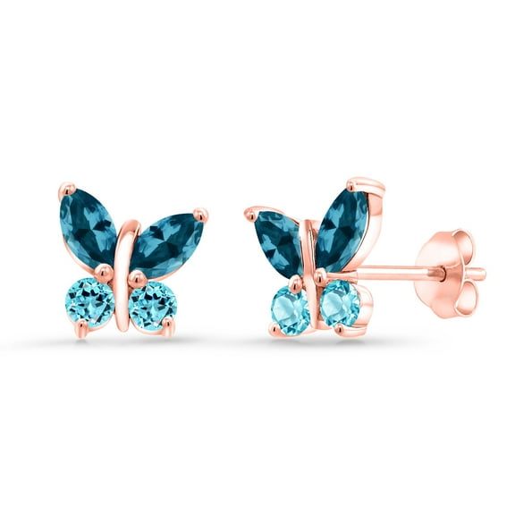 18K Rose Gold Plated Silver Marquise London Blue Topaz and Swiss Blue Topaz Butterfly Earrings for Women (1.80 Cttw, Gemstone November Birthstone, Center Stone: 6X3MM, Small Stones: 3MM)