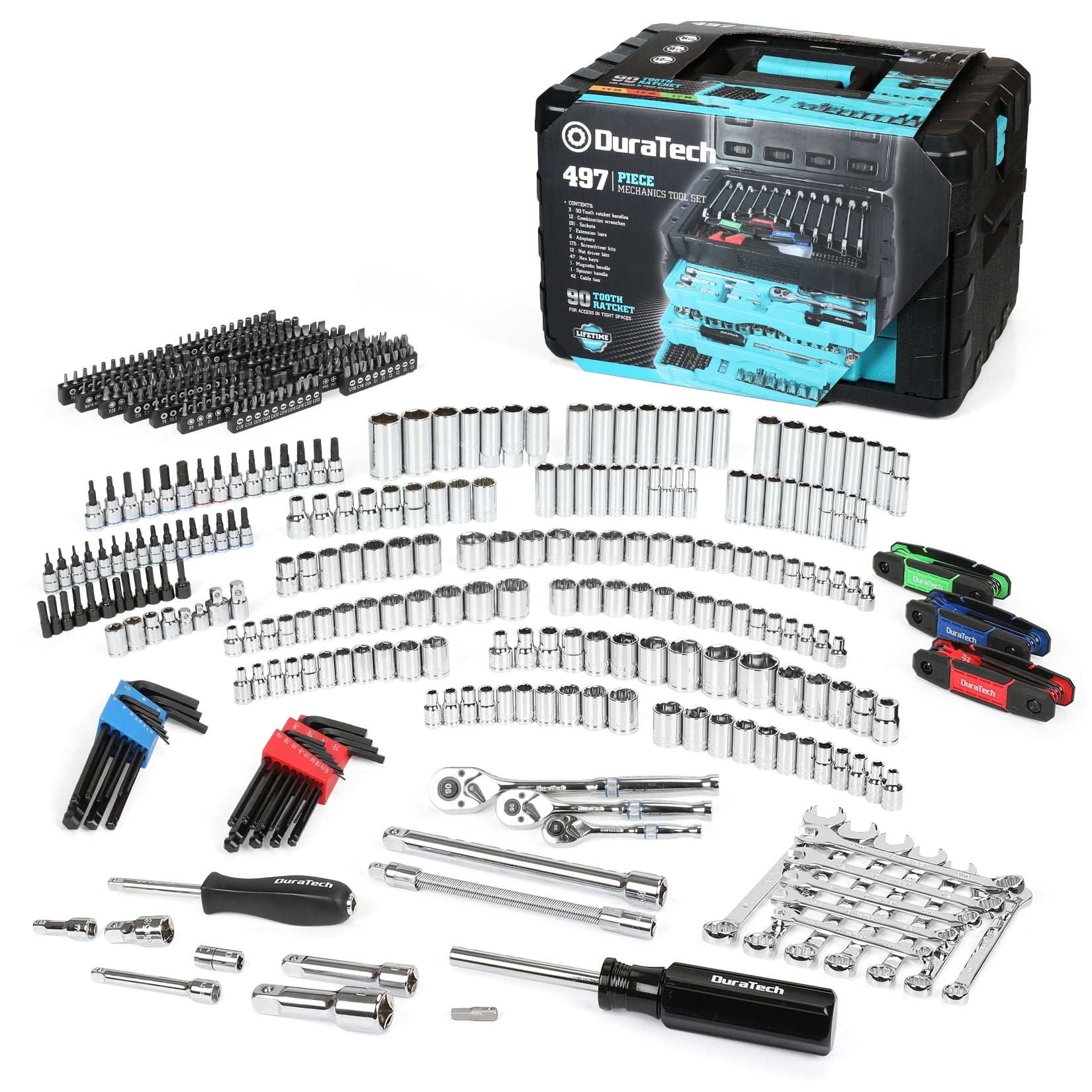 DURATECH 497-Piece Professional Mechanics Tool Set with SAE and Metric Sockets, 90-Tooth Ratchets and Wrenches, 3-Drawer Heavy Duty Tool Box
