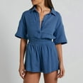 thumbnail image 4 of AKOEE Linen Shorts Sets for Women 2 Piece Casual Short Sleeve Button Down Shirt with Wide Leg Shorts Lounge Outfits (M, Blue), 4 of 7