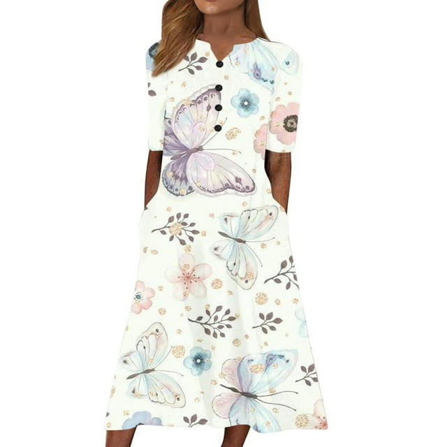 CHOK Robes d'Été pour Femmes à Boutons avec Poches Grande Taille Bohème Décontractée Longue Robe Maxi Imprimé Floral Manches Courtes Col en V Longueur sous le Genou Évasée Ligne A Maison Ample Robes Soleil
