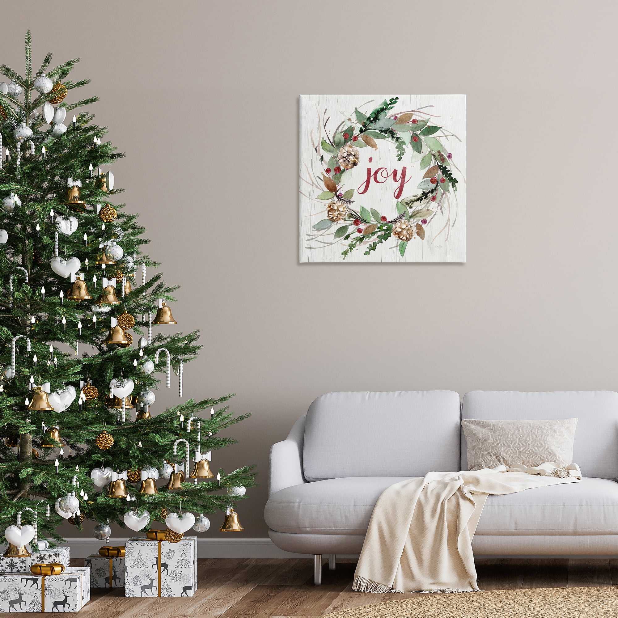 Stupell Industries Joy Seasonal Wreath Botanical & Floral Painting Gallery Wrapped Canvas Art Prints Wall Art, 30 x 30