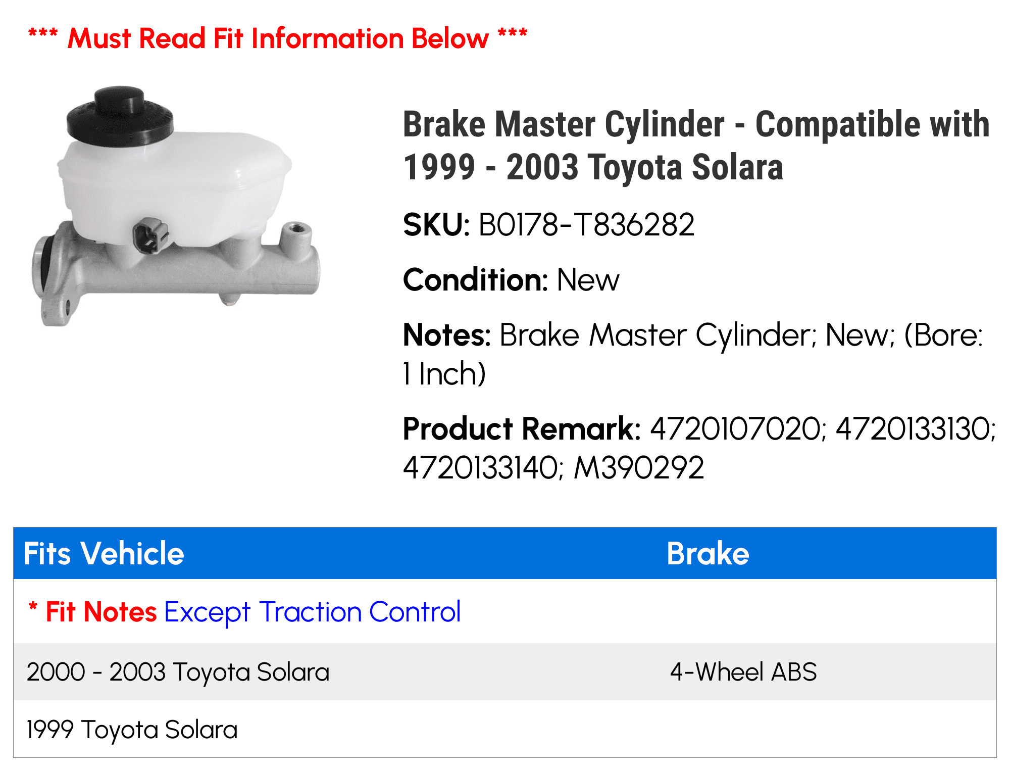 Brake Master Cylinder - Compatible with 1999 - 2003 Toyota Solara 2000 2001 2002