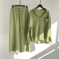 thumbnail image 3 of Conjunto de dos piezas de manga larga para mujer, camisa con cuello vuelto, pantalones holgados de pierna ancha, Color sólido, primavera y verano, 2024, 3 of 5
